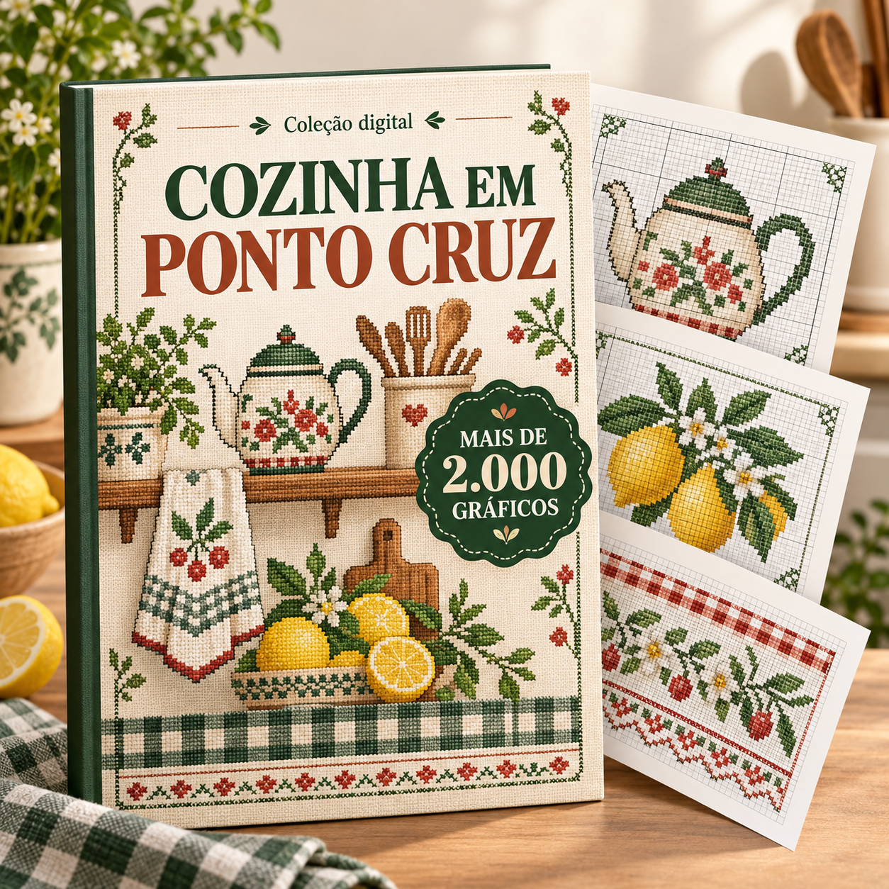 Capa ilustrativa da coleção Cozinha em Ponto Cruz, com amostras de gráficos de cozinha